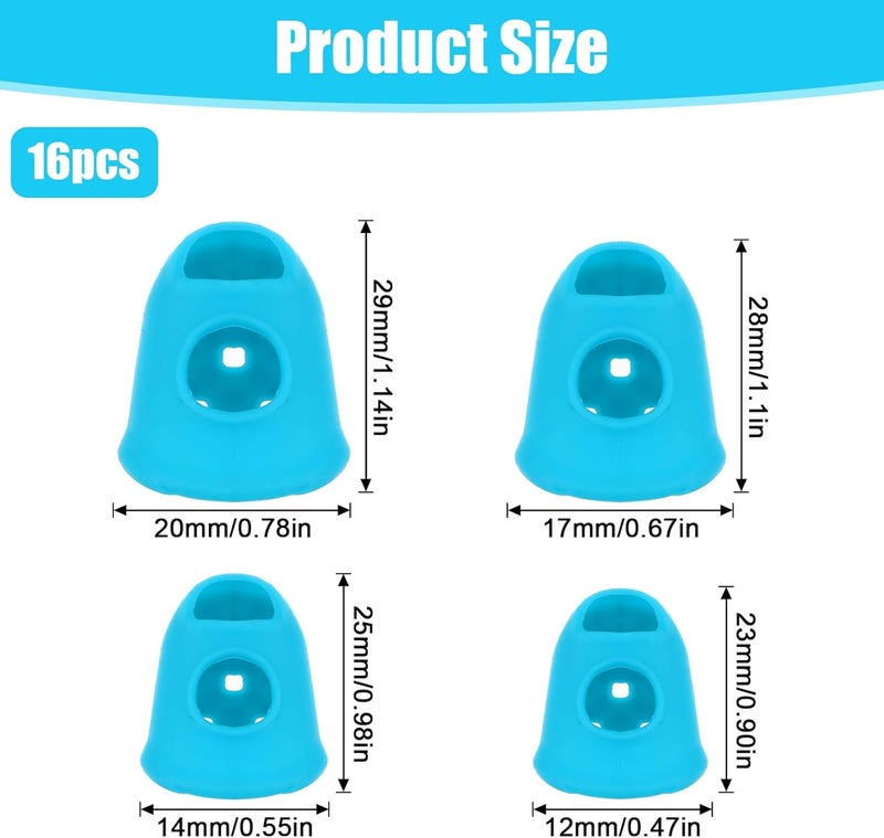 Fyntave 16 Pcs Finger Tips Silicone Thimble Fingertip Grips Rubber Anti-Slip Finger Tips Breathable Fingers Protectors Pads Cover for Paper Sorting Money Counting Sewing Guitar Playing 4 Sizes Blue Aqua - Image 3